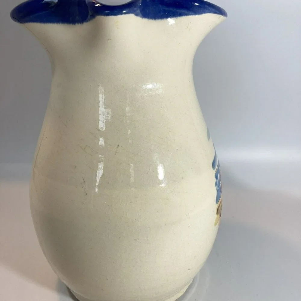 Ceramiques Signed Pantaleu Pitcher Vase Spain Glazed Cream Blue Beach‎ Scene